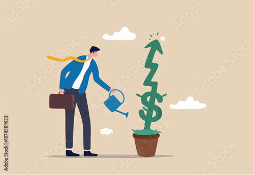 Investment growth or business grow up, make profit in stock market or earning growth concept, success businessman investor watering small plant with US dollar sign rising up graph.