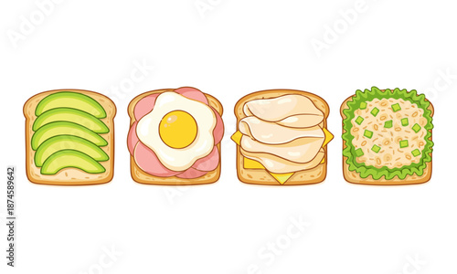 Flat cartoon sandwich toast set isolated on white
 vector illustration, easily editable.
