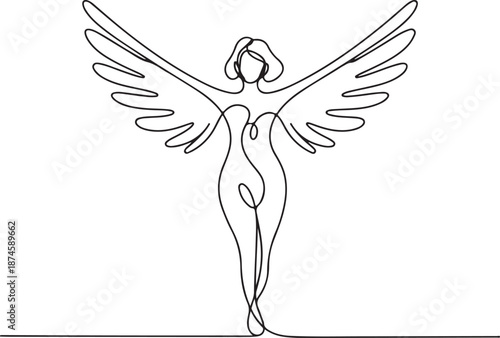 Minimalist one-line concept art of a graceful winged woman, symbolizing freedom and inner strength through elegant continuous drawing
