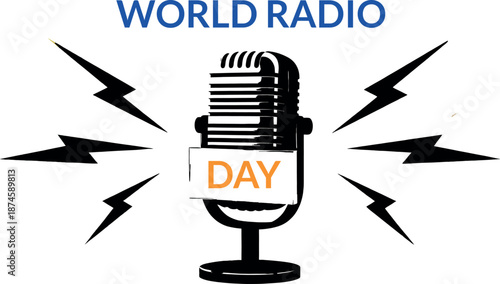 World radio day logo with microphone and lightning bolts