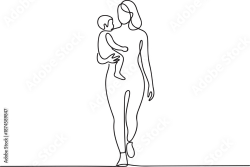 Continuous line drawing of a loving mother carrying her baby, depicting family bond and maternal care with minimalist artistry