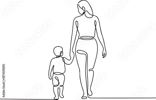 Modern continuous line art illustration of a mother and child walking together, emphasizing the beauty of a loving family bond