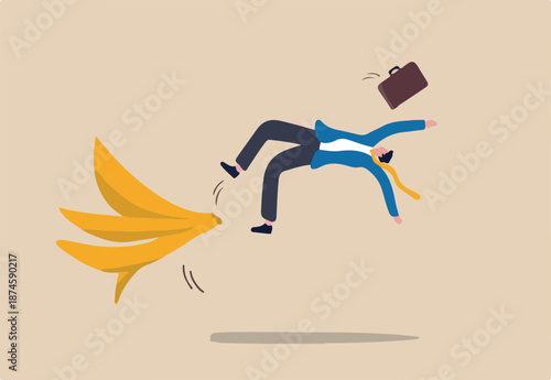Business mistake or accident, insurance, disaster suddenly happened without warning or risk and danger in investment concept, businessman running and slipping with big banana peels on the ground.