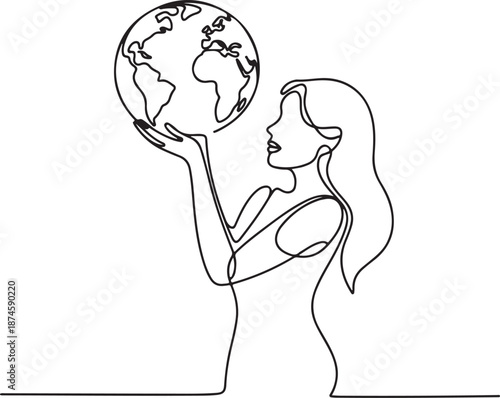 Continuous line drawing of a woman gently cradling the Earth, symbolizing global responsibility and environmental stewardship