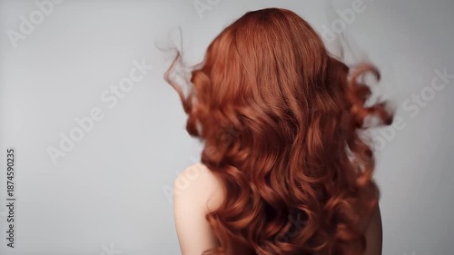 back view of woman with long red curly hair blowing in wind in studio on gray background. copy space