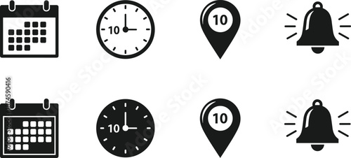 Calendar, clock, location pin and notification bell icon set, date time reminder symbols collection, flat black UI UX vector icons isolated on white background