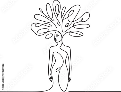 Elegant single line drawing of a female figure, her hair forming an explosion of abstract and creative thought