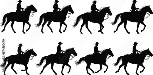 Cowboy riding horse silhouette sequence showing walking and trotting motion, western equestrian action poses collection, black vector illustration isolated on white background
