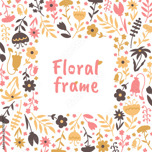Decorative cute plant silhouettes on white background. Floral square frame with copy space.