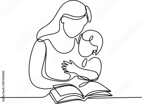 Minimalist continuous line art of a mother and child reading a book, symbolizing a nurturing bond and early education