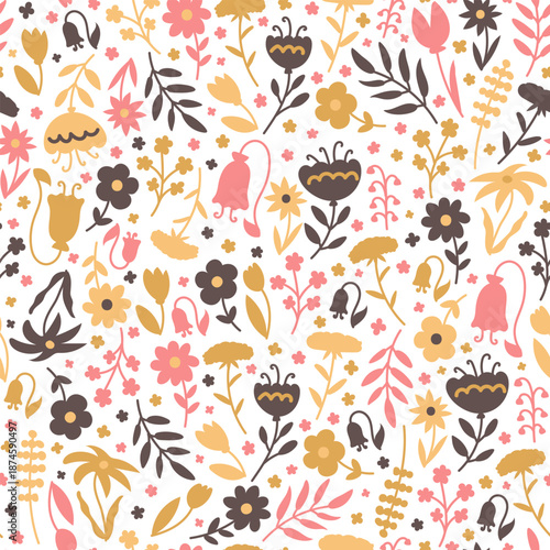 Colorful abstract flowers background. Decorative cute plant silhouettes seamless pattern.