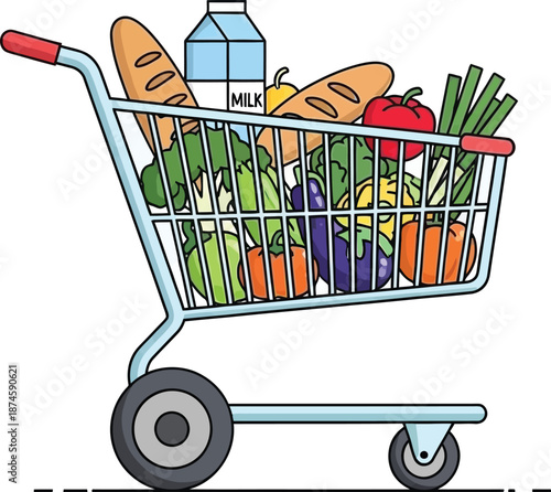 Grocery shopping cart overflows with fresh fruits, vegetables, bread, and a carton of milk ready for purchase.
