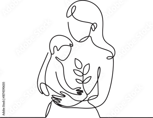 One line illustration portraying a loving mother holding her child, embodying family bonds, growth, and nature's embrace
