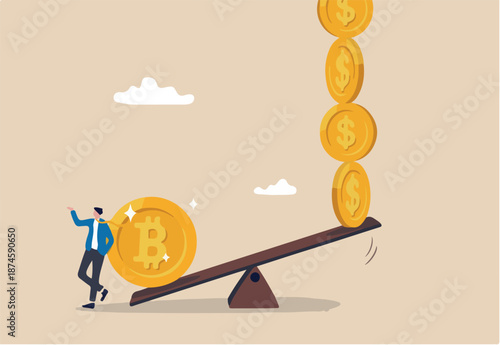 Bitcoin and crypto currency store of value compare to dollar fiat money, inflation reduce fiat value or investment asset choice concept, businessman investor stand with Bitcoin seesaw Dollar coins.