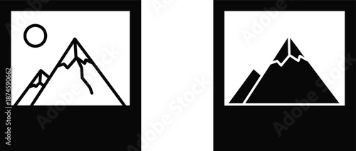 Photo image placeholder icon set with mountain landscape symbol, empty picture frame design for gallery, upload and media preview UI, black vector illustration isolated on white background