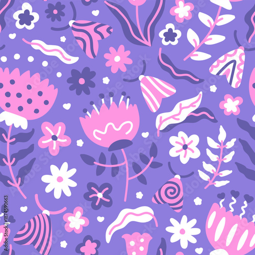Vibrant hand drawn abstract flowers and leaves on purple background seamless pattern.