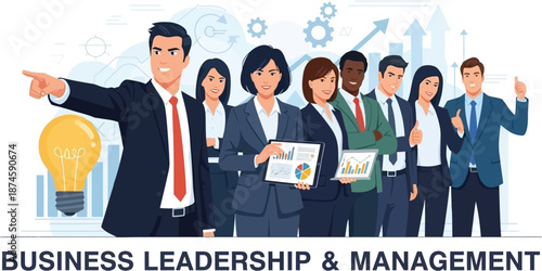 Diverse group of business professionals stands united while a leader points toward future growth opportunities.