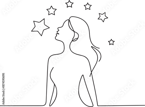 Continuous line art of a woman looking up at stars, symbolizing dreams, inspiration, and achieving potential for a brighter future