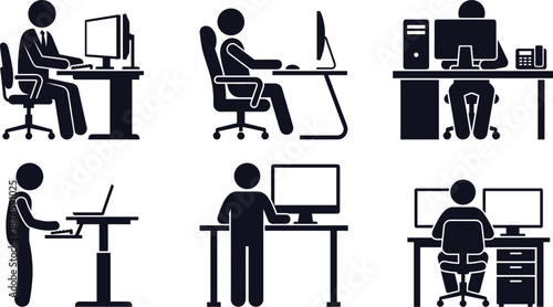 Office worker silhouette set using computer desks and standing workstations, modern workplace activities collection, business people icons, black vector illustration isolated on white background