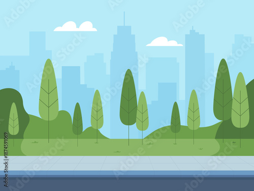 Path in a public park with nature landscape and buildings. Public green park landscape. Vector stock