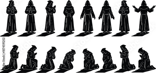 Praying monk silhouette set showing standing and kneeling poses, hooded religious figures in devotion and worship, black vector illustration isolated on white background