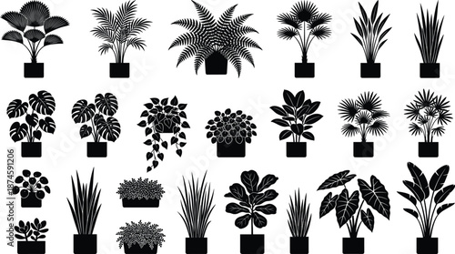 Indoor houseplant silhouette set with potted tropical and decorative plants, modern botanical collection, black vector illustration isolated on white background for interior design concepts