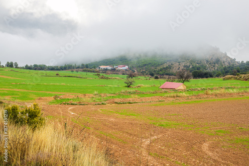 Campos de cultivo verdes y con tierra arada bajo la niebla. Paisaje de granjas en el Maestrazgo. 