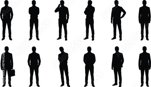 Businessman silhouette set with different standing poses, professional male figures collection, corporate people shapes, black vector illustration isolated on white background