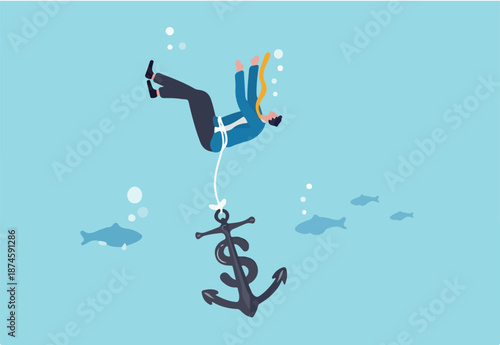 Sunk cost investment problem, cost that already been incurred and effect investing decision, psychology or money loss aversion concept, businessman investor drowning with sinking dollar money anchor.