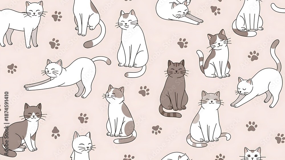 Obraz premium Adorable cartoon cats of various colors and poses, with paw prints on a pale pink backdrop
