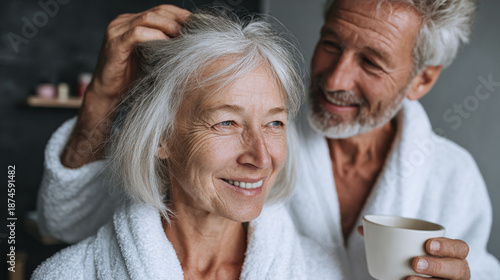 Loving moment captured between a senior couple, the man holds a warm cup while affectionately touching the woman's hair with a gentle smile.