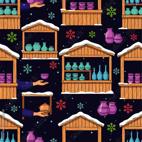Seamless pattern of a festive winter craft market with wooden stalls selling handmade pottery and ceramics, adorned with colorful snowflakes on a dark background.