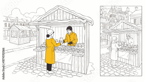 Line art illustration of a charming European winter market, with a woman in yellow buying from a street vendor's stall in a snowy town.