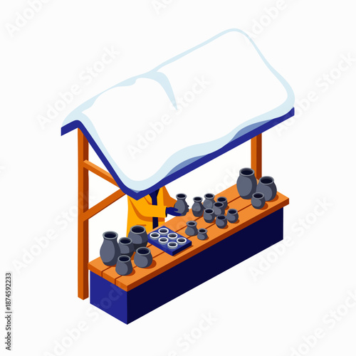 Winter market stall selling pottery and crafts, with snow on the roof, isometric view