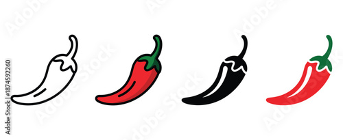 Chili Pepper Icon Set Vector on White Background, Illustrating Hot Chili Peppers, Spice Symbols, Culinary Ingredients, Cooking Elements, Food Graphics