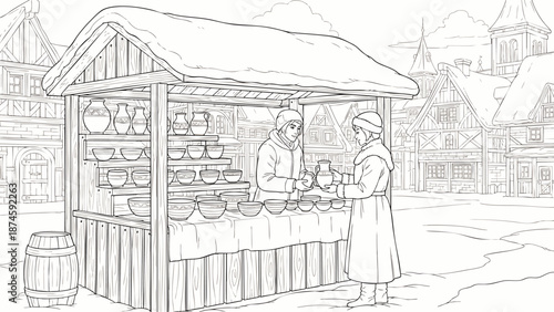 Medieval pottery stall in winter market, seller and customer exchange ceramic wares, historical scene