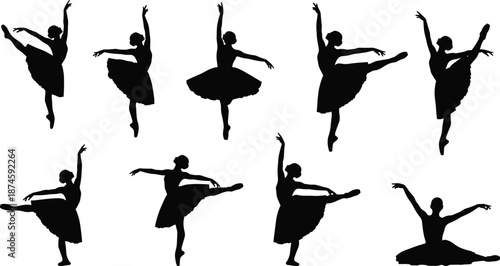Black Silhouette Vector of Ballet Dancers in Classical Poses Including Pirouette, Arabesque, and Seated Movements on White Background