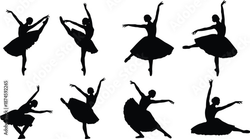 Black Silhouette Vector of Ballet Dancers in Elegant Classical Poses Including Pirouettes and Arabesques on White Background