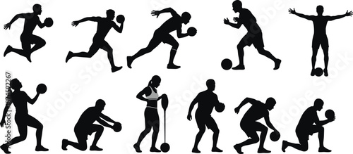 Black Silhouette Vector of Athletes Performing Medicine Ball Exercises in Dynamic Fitness Poses on White Background