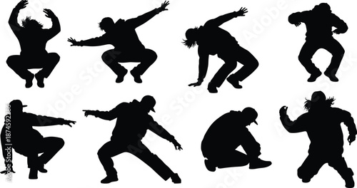 Black Silhouette Vector of Breakdancers in Energetic Urban Dance Poses Showcasing Street Style Movement on White Background