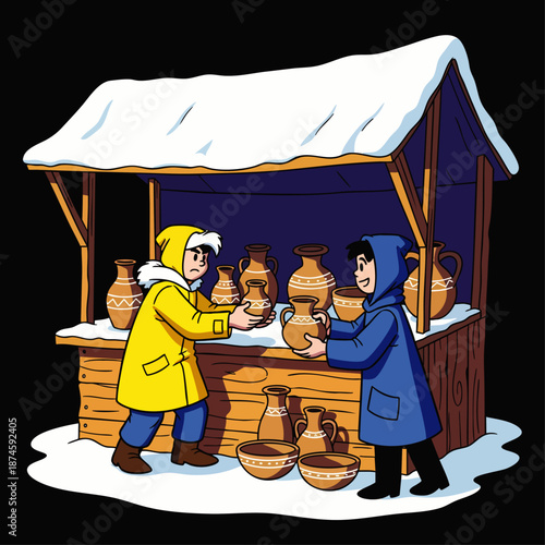 Vibrant cartoon depicting a bustling winter market scene where two individuals are exchanging handcrafted pottery at a snow-covered stall.
