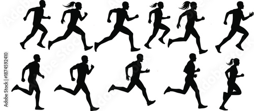 Black Silhouette Vector of Male and Female Runners in Various Dynamic Running Poses on White Background for Fitness Design