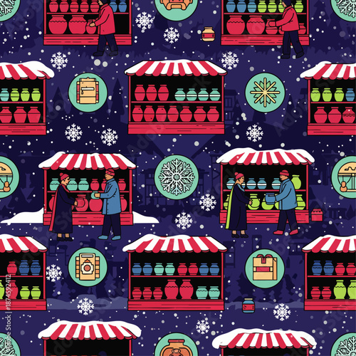 Seamless pattern of a festive winter night market with traditional craft stalls, people shopping, falling snow, and decorative ornaments. Christmas design.