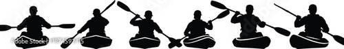 Black Silhouette Vector of Kayakers in Various Paddling Positions with Double-Bladed Paddles on White Background