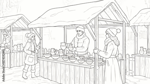 Hand-drawn line art of a festive winter market scene, featuring shoppers and a vendor at a stall selling pottery, snow-covered environment.