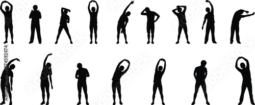 Black Silhouette Vector of People Performing Various Stretching Exercises and Warm-Up Poses on White Background for Fitness Design