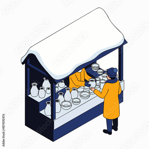 Isometric vector illustration of a winter market stall. Customer buys handmade pottery from vendor under snow-covered roof, depicting a cozy outdoor craft fair scene.