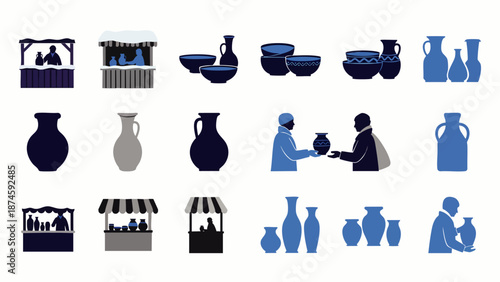 Vector icon set of traditional handmade pottery, ceramic art, artisan craftsmanship, and market stalls with vendors selling unique handcrafted items.