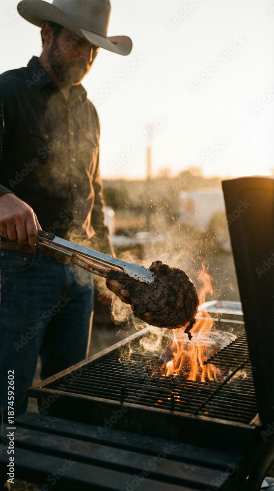 Fototapeta premium Cowboy ribeye steak searing over open flame grill at golden hour