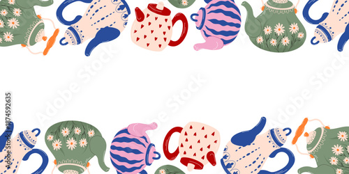Border pattern with flat style kettle. Decorative illustration on white background for wrapping, textile, wallpaper, kitchen decor and cozy design.